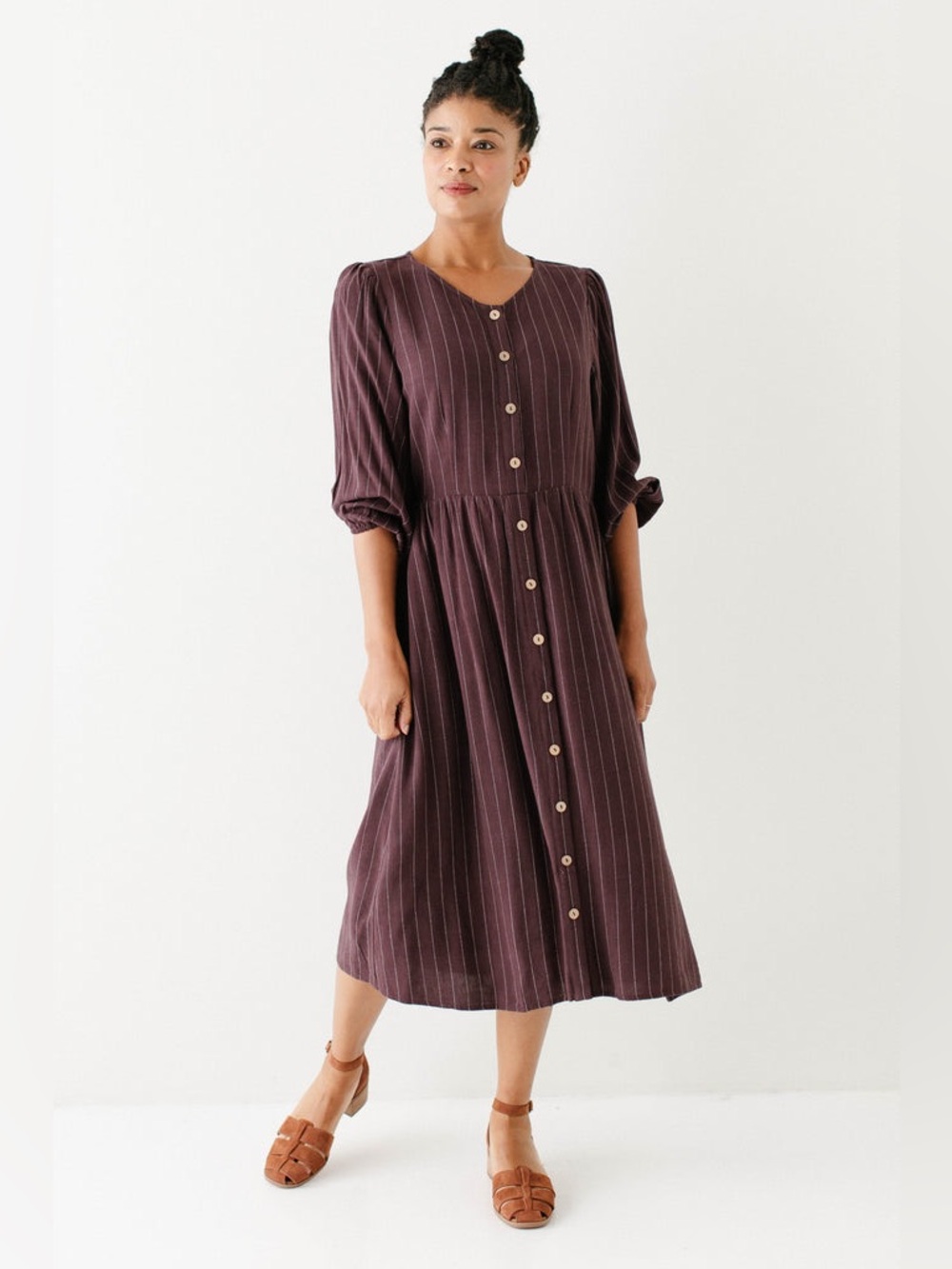 Button-Front Midi Dress in Plum with Pinstripes